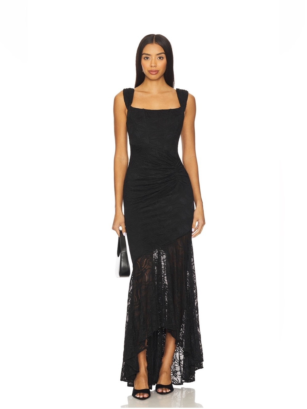 Black Lace Ruched Maxi Dress with Square Neckline (Revolve) (Never Worn - Tags)